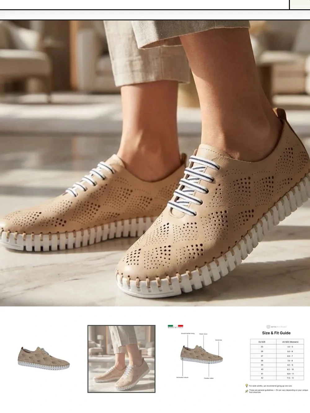 Eric Michael Annie Italian Beige Perforated Slip-On Sneakers with White Sole